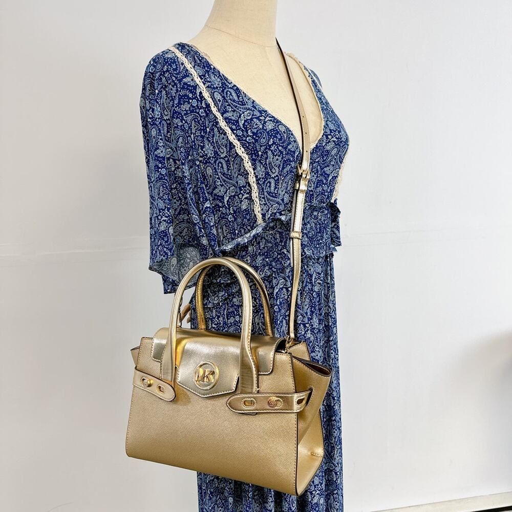 Michael Kors 35F3GNMS8M Carmen Medium Metallic Belted Satchel IN PALE GOLD